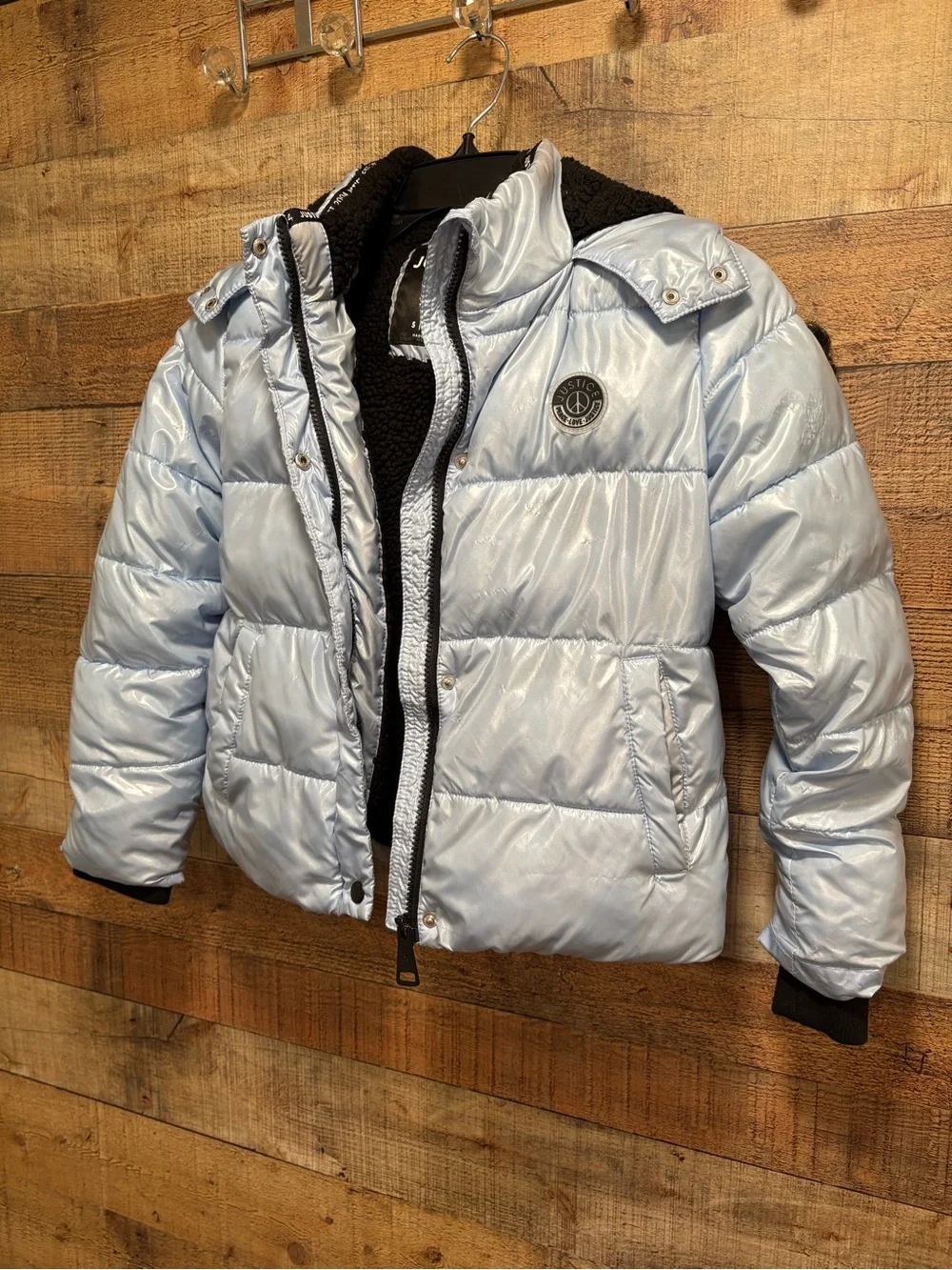 Justice Girls Puffer Coat Size 7/8 Shiny Blue Sherpa Lined Hooded Jacket K020